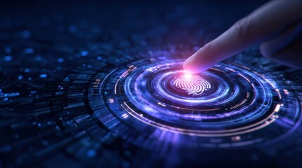 A futuristic representation of a fingerprint scan, illuminated in blue and purple, symbolizing technology and security.