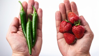 two hands holding green chili peppers and red strawberries isolated on white background symbolizing contrast choice health or food diversity concepts