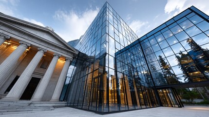 Financial skyscraper modern glass facade classical columns corporate architecture business district urban landmark