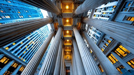 Obraz premium Corporate skyscraper interior monumental columns perspective financial district professional architecture business landmark