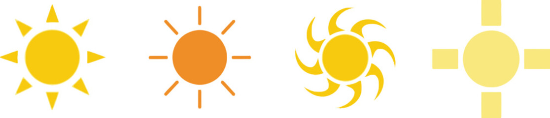 Collection of four stylized sun icons representing different weather conditions and energies vector