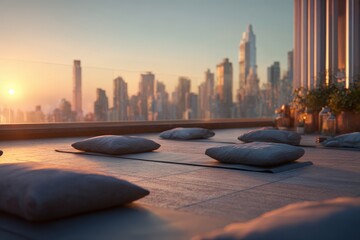 Rooftop yoga session at sunset over a city