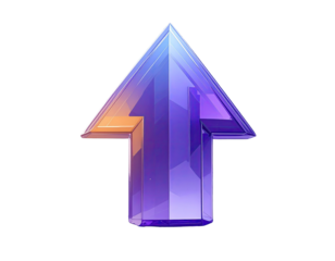 3D upward pointing arrow, vibrant purple and orange gradient, faceted gem-like