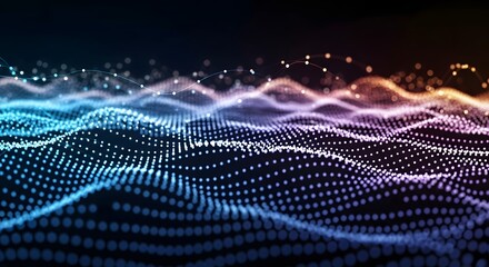 Abstract digital wave with glowing particles in blue, purple and orange.