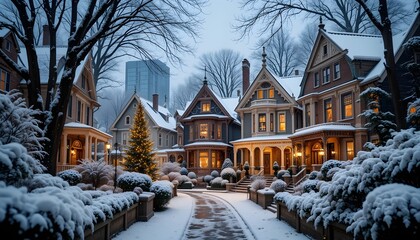 Fototapeta premium Maisons en rangée festives de New York sous la neige d'hiver