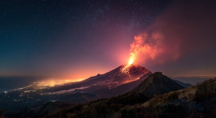 Fototapeta premium Volcanic eruption at night, vibrant colors