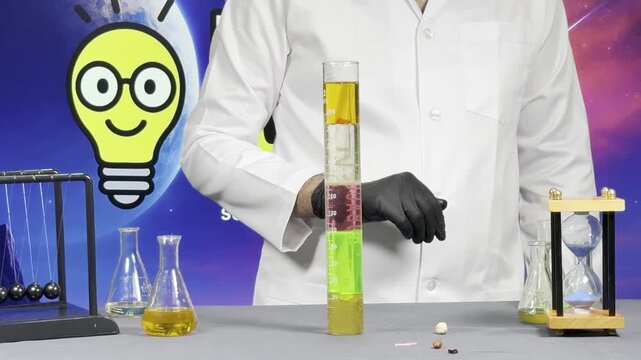 4K Colorful Density Column Science Experiment with Liquids in Laboratory