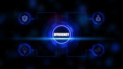 Digital efficiency concept with glowing icons for security idea money and promotion on dark