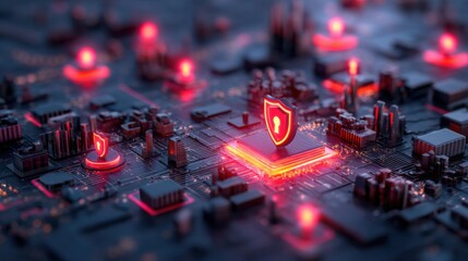 A digital circuit board with glowing red elements and a shield symbol, representing cybersecurity and advanced technology.