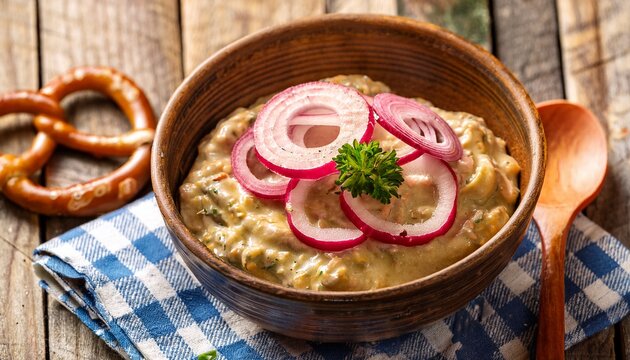 bavarian obatzda with onions radishes and pretzel slices
