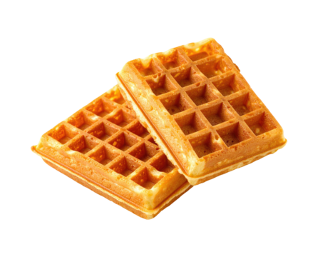 Two golden-brown waffles, overlapping, displaying a grid pattern
