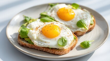 A bright plate featuring toasted bread topped with fried eggs and fresh spinach, creating a delicious and healthy breakfast option.