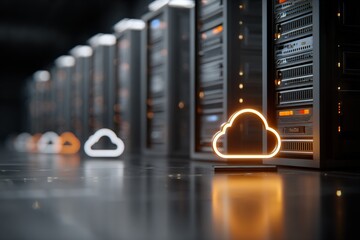 Server room with glowing cloud icon