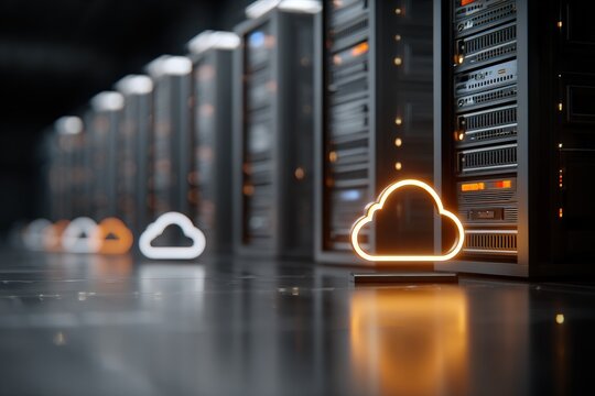Server room with glowing cloud icon