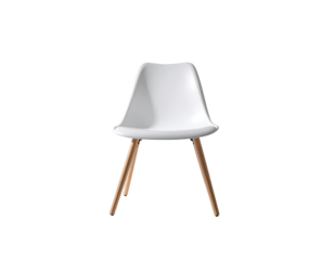 White plastic chair with light brown legs