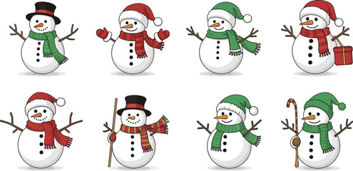 Set of adorable snowmen characters festive winter holiday christmas celebration icons vector