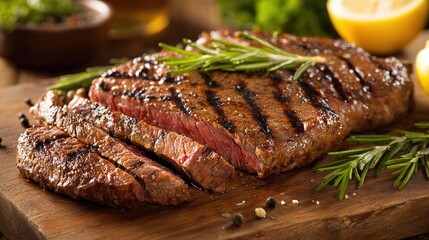 Juicy medium-rare ribeye steak, perfectly grilled. A celebration of rich flavors and culinary mastery.