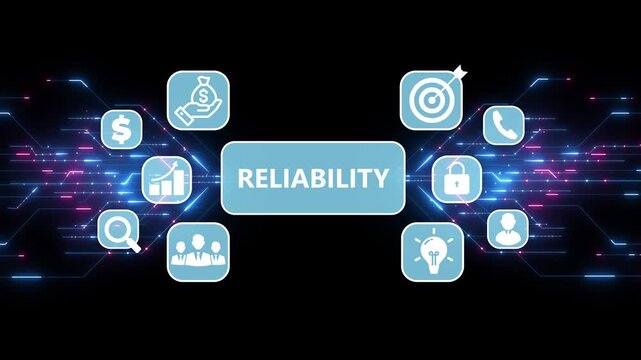 Animated digital diagram displaying the concept of reliability in business strategy.Digital Circuit Network Technology internet data space Background.