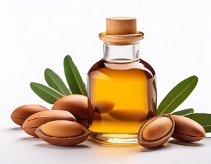 argan oil bottle with argan nuts and leaves isolated on white background
