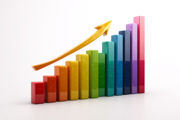 Colorful bar chart with upward arrow isolated on white background