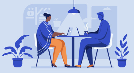 Two people working remotely on laptops in a modern cafe, enjoying coffee. Ideal for remote work, business meetings, or a productive study session. Lifestyle and technology concept.