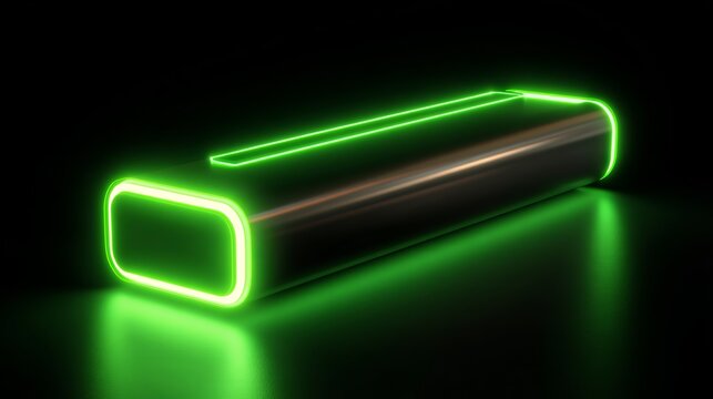Futuristic metal object illuminated by radiant green neon glow creates a mesmerizing and technological atmosphere.
