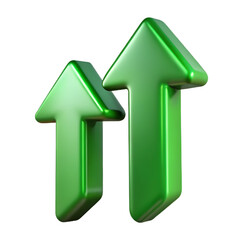 3d rendering of two green arrows pointing upwards, isolated on transparent background, symbolizing growth, progress, and positive direction in a modern design