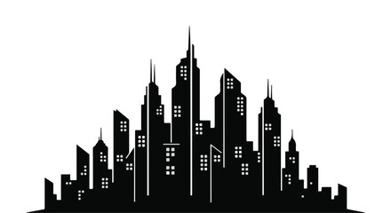 Obraz premium Modern cityscape silhouette with illuminated windows against a white background