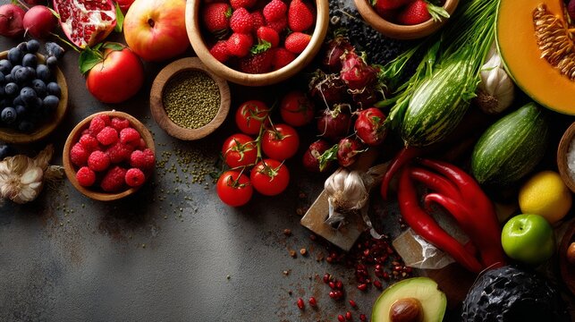 Flatlay vegetables fruits spices photography lifestyle organic natural gourmet culinary inspiration stylish decor composition - Powered by Adobe
