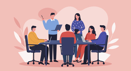 A diverse business team collaborates in a modern office, engaged in a productive meeting. Illustrates teamwork, communication, and corporate strategy.
