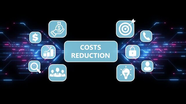 Costs Reduction Infographic with Icons for Finance, Growth, and Business Strategy money savings.Digital Circuit Network Technology internet data space Background.