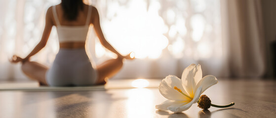 Woman meditating near water with flower in peaceful sunset setting.