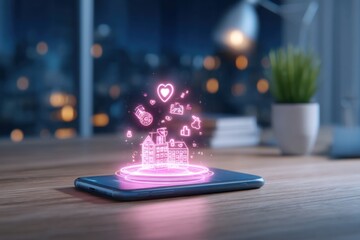 A smartphone displaying a holographic cityscape with icons, set in a cozy, modern workspace with soft lighting and greenery.