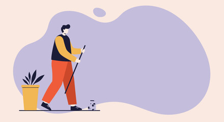 A man with a stick cleaning up, emphasizing responsibility and environmental care. Ideal for concepts of tidiness, sustainability, and daily tasks.