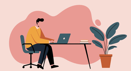 Professional man working on his laptop at a modern desk with a plant. Represents remote work, online learning, business, and productivity.