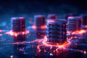 A futuristic depiction of data servers connected by glowing circuits, highlighting the themes of technology and digital networking.