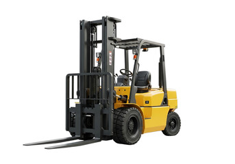 Yellow forklift truck with lift mast and forks ready for warehouse operations and material handling