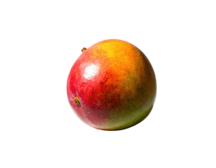 Single ripe mango, vibrant red and yellow hues, smooth skin,  isolated on black background