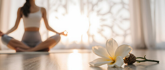 Woman meditating near water with flower in peaceful sunset setting.