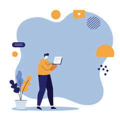 Fototapeta premium Man using a digital tablet for work or study in a modern, abstract setting. Represents concepts of online education, remote productivity, and digital communication.