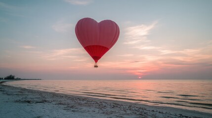 Obraz premium Heart-shaped hot air balloon floats over a beach at sunset