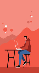 Young man working remotely on his laptop in a vibrant, modern setting. Ideal for concepts like freelance, digital nomad lifestyle, and innovation.