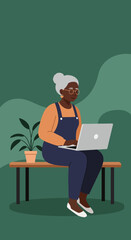 Elderly African American woman actively uses a laptop on a bench with a plant, embodying digital literacy, online learning, or remote work for seniors.