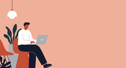 Man working on a laptop in a modern, minimalist office or co-working space, ideal for business, technology, or remote work concepts.