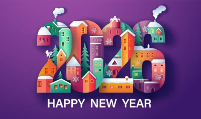 Gardinen Violett City Village, Happy new year 2026 and Merry Christmas card. Winter Snow Urban Countryside Landscape  © Valenty