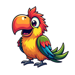 Red and yellow parrot mascot with rainbow feathers, friendly tropical bird cartoon