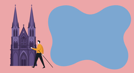 A person walks past a grand Gothic cathedral, exploring history and architecture. Ideal for travel, cultural, or religious content with copy space.