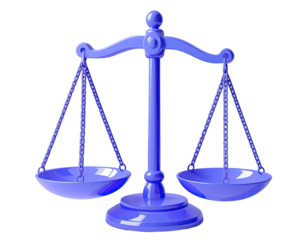 A vibrant, 3D rendered, purple scale of justice