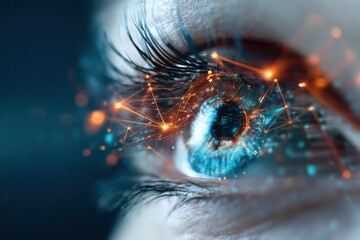 A close-up of an eye with digital effects, showcasing vibrant colors and interconnected lines, symbolizing vision and technology.