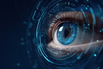 A close-up of a human eye enhanced with digital elements, showcasing a blend of technology and biology in a futuristic design.
